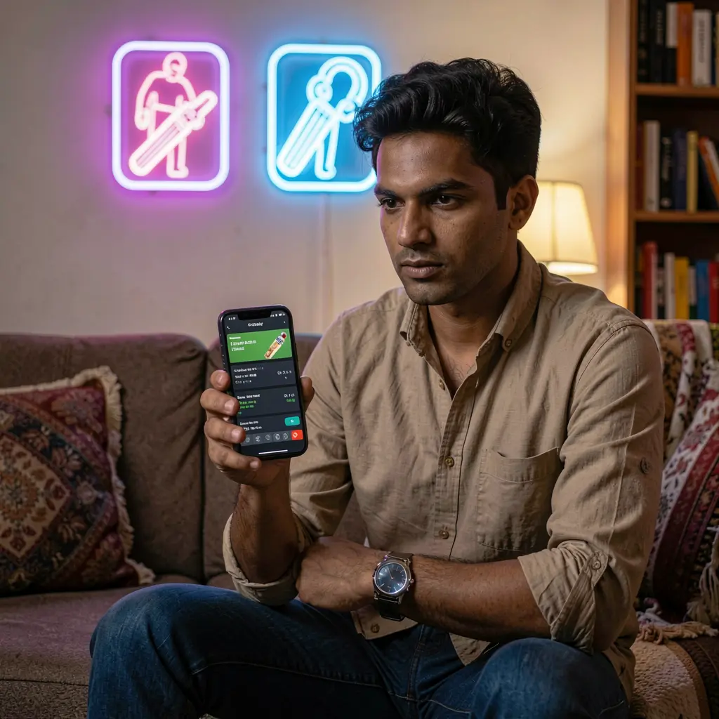 Focused Bangladeshi user enjoying seamless sports betting on the 7KBD app with glowing cricket icons in a modern living room
