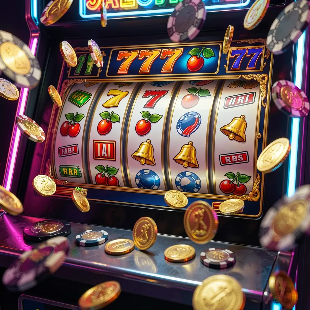 Classic slot machine reels showing triple sevens with flying gold coins creating a jackpot atmosphere at 7KBD online casino for players in Bangladesh
